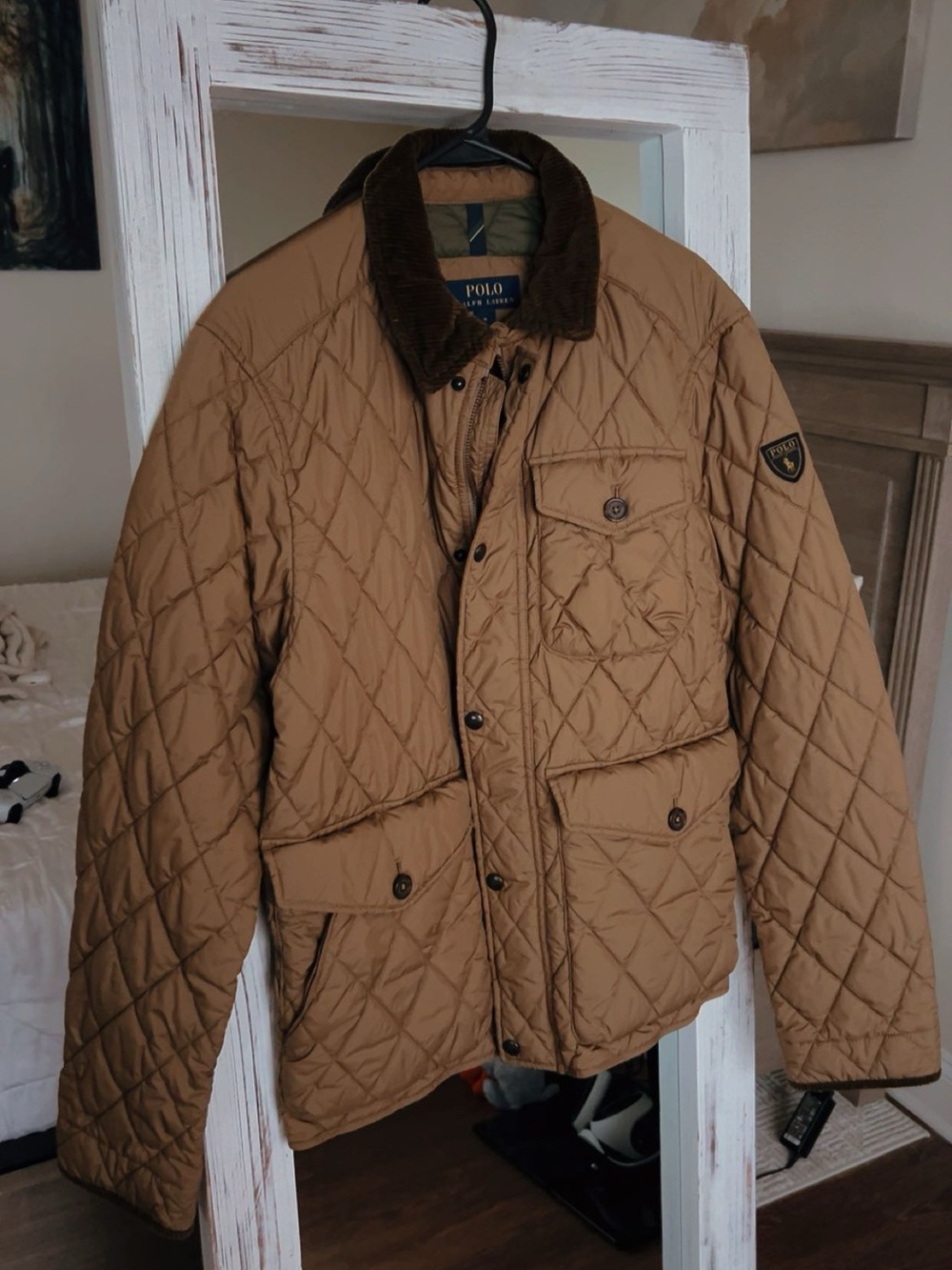 Polo by Ralph Lauren Quilted Tan Jacket with Dark Brown Corduroy Collar (Medium)